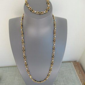 Vintage Set of Necklace & Bracelet Infinity, Black Beads, Gold Tone w/ Crystals